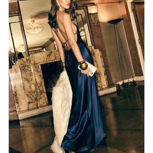 Reformation Jeany Navy Silk Halter Maxi Dress L NEW Satin Open Back Formal Gown - Picture 1 of 8